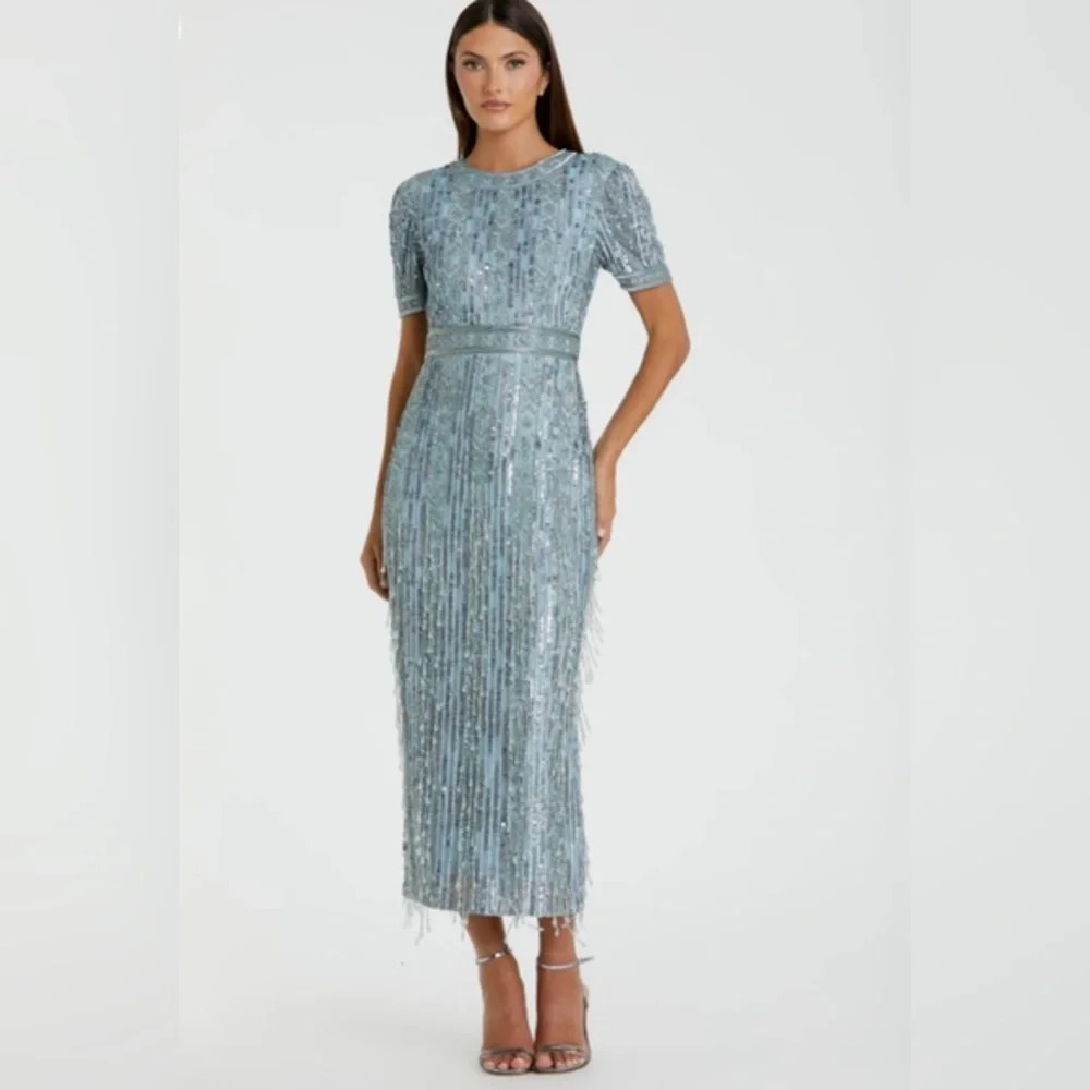NWT | Mac Duggal Blue High Neck Short Sleeve Crystal Fringe Column Dress Size 6